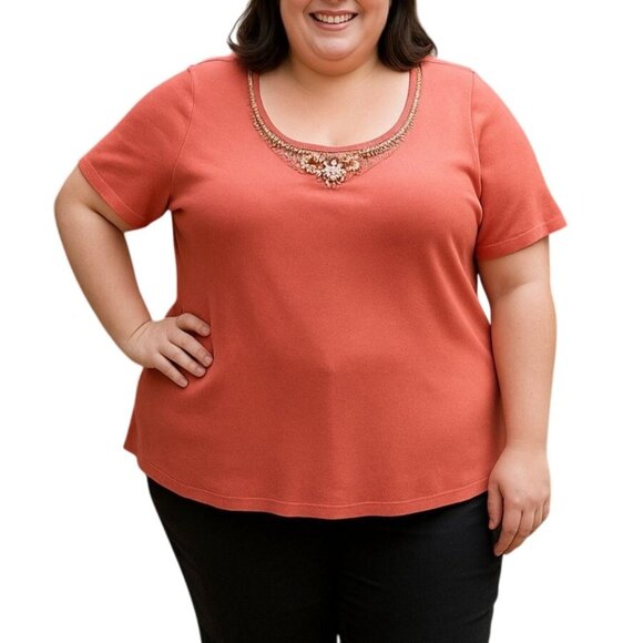 Uniform Woman Coral Short Sleeve Top Size 2X Beaded Embellished Scoop Neckline - Picture 1 of 8